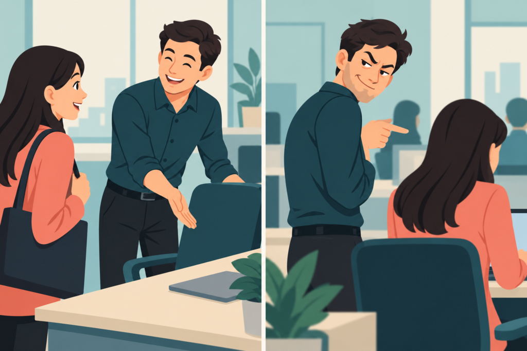 Two panels show the same character welcoming a colleague, then sneering and pointing mockingly behind her back.