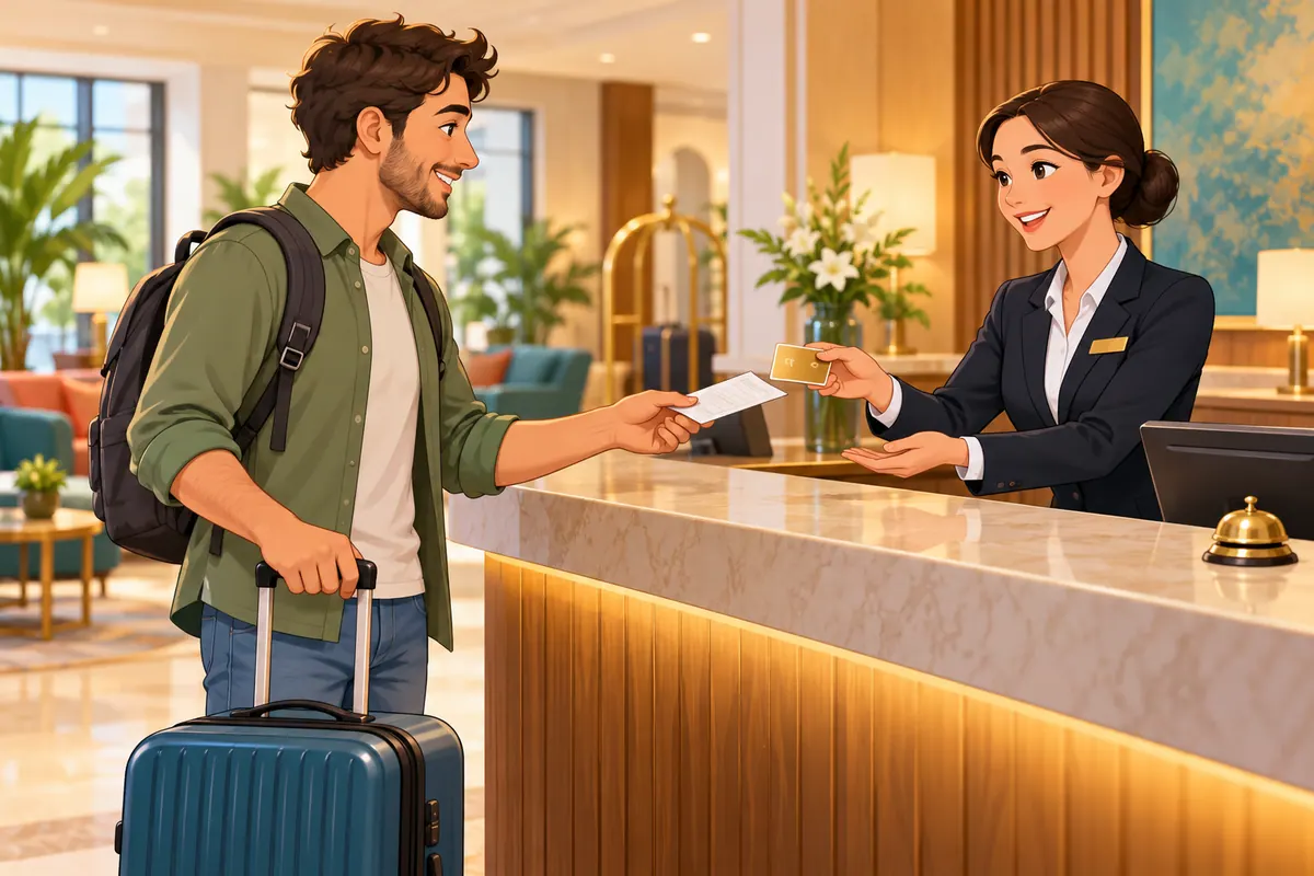 Cartoon of a traveller showing booking details and receiving a room key at a hotel desk.