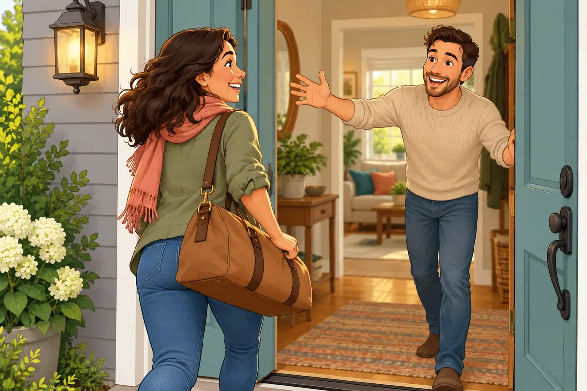 Cartoon of a woman returning home with a travel bag and receiving a warm welcome.