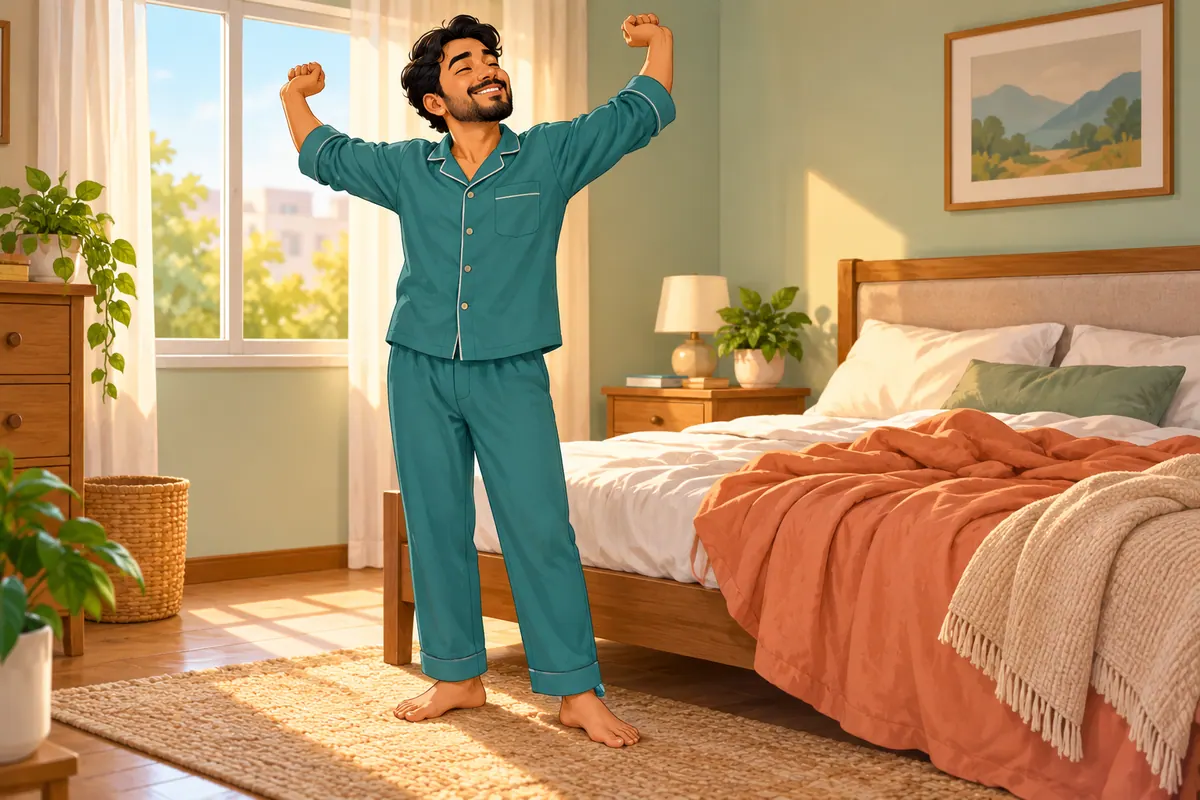 Cartoon of a man standing beside his bed with both feet on the floor after getting up.