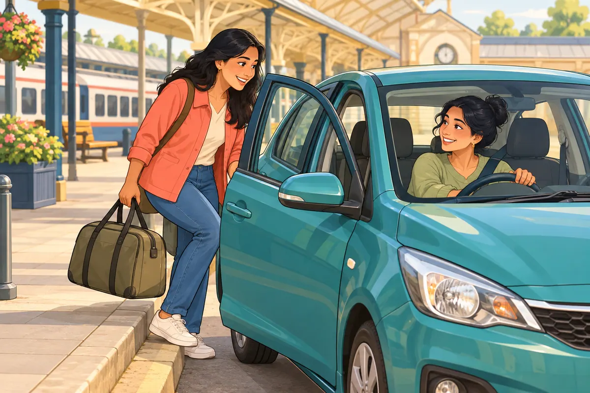 Cartoon of a driver collecting her sister, who is waiting with a bag outside a railway station.