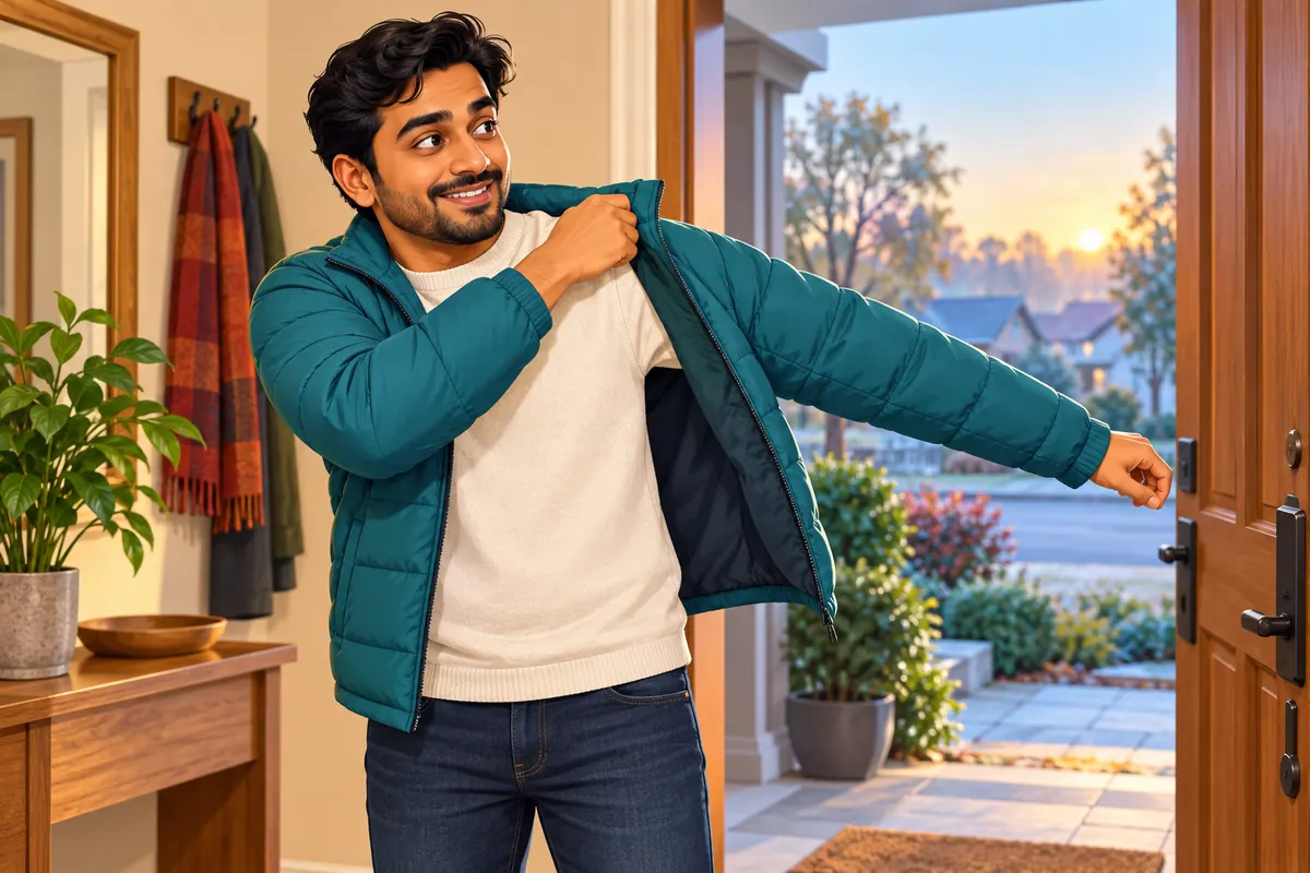 Cartoon of a man sliding his arms into a jacket before going outside.