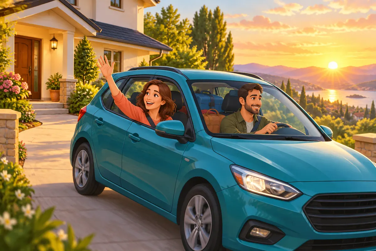 Cartoon of two travellers driving away from their house at sunrise with bags in the car.