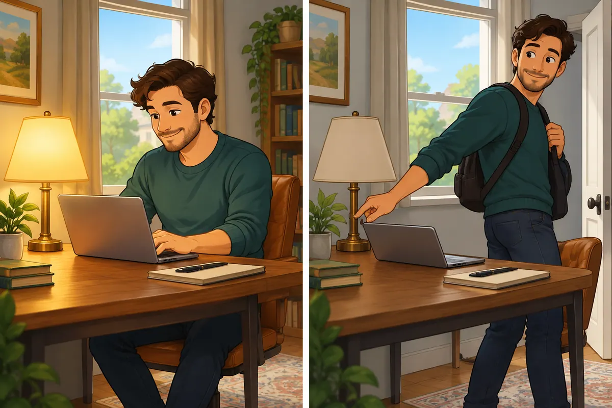 Two cartoon panels show a lit lamp, then a man switching it off before leaving.