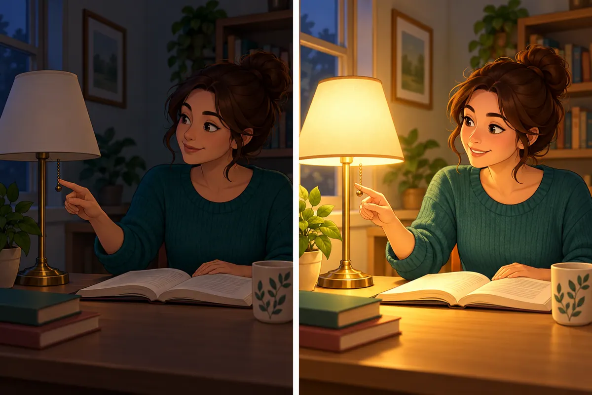 Two cartoon panels show an unlit lamp, then a woman switching it on so it lights her book.