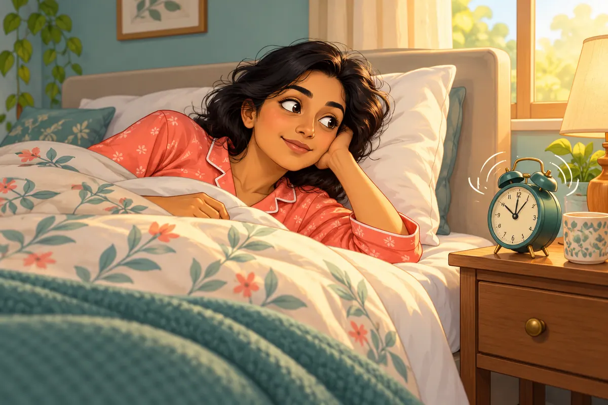 Cartoon of a woman awake in bed, looking at her ringing alarm clock.
