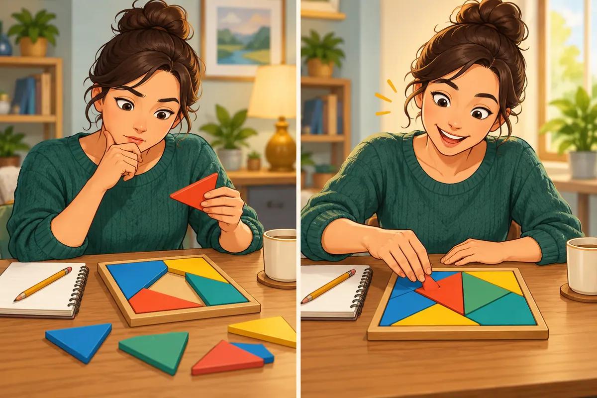 Two cartoon panels show a learner thinking about a puzzle and then finding the solution.