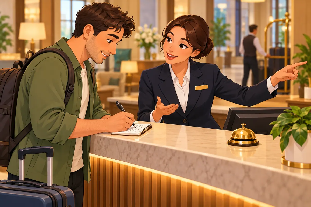 Cartoon of a traveller writing a note while a receptionist gives him information.