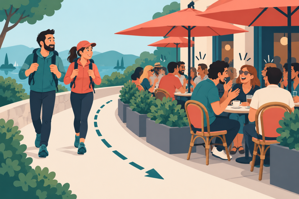 Two walkers follow a curved path that keeps them away from the busy tables of a noisy outdoor café.