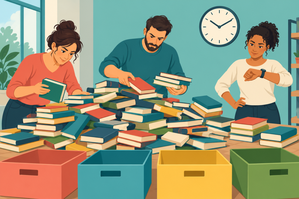 Three volunteers face a large pile of unsorted books and empty sorting boxes while one checks the time.