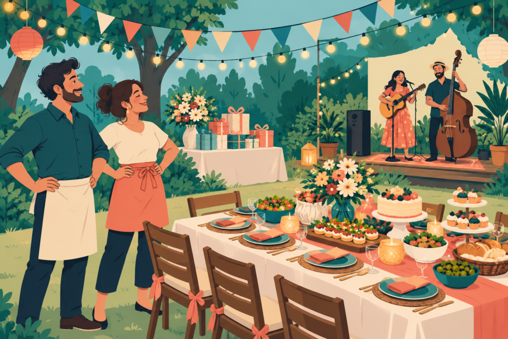 Two organisers look over a celebration prepared with a full meal, gifts, decorations, lights and live musicians.