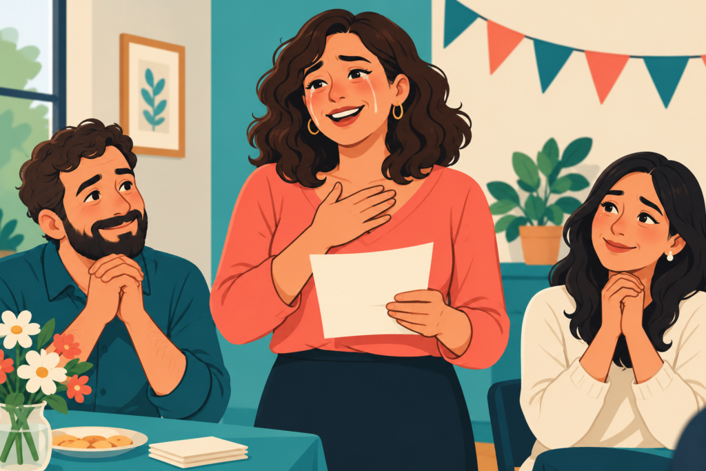 A speaker smiles through visible tears during a farewell speech while two listeners notice her emotion.