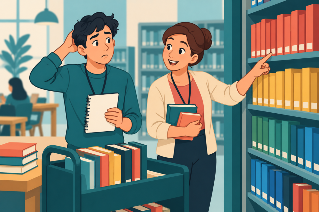 An uncertain young library assistant holds a notebook while an experienced colleague demonstrates the shelving system.